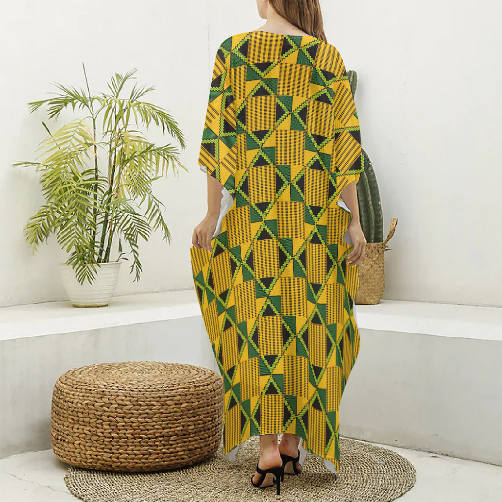 Kente Ethnic Pattern Print Silk V-Neck Kaftan Dress