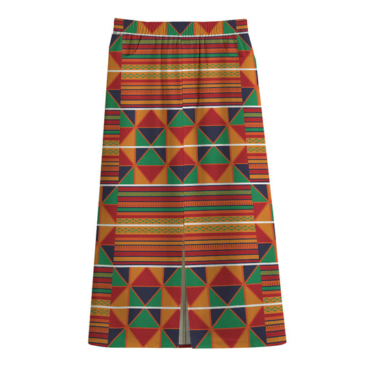 Kente Pattern Print Cotton Front Slit Maxi Skirt