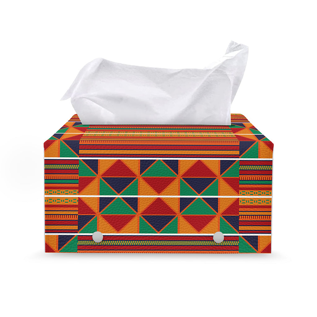 Kente Pattern Print Leather Tissue Box Cover