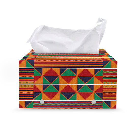 Kente Pattern Print Leather Tissue Box Cover
