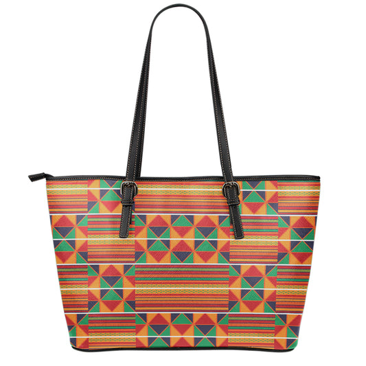 Kente Pattern Print Leather Tote Bag