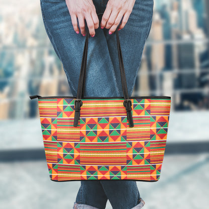 Kente Pattern Print Leather Tote Bag