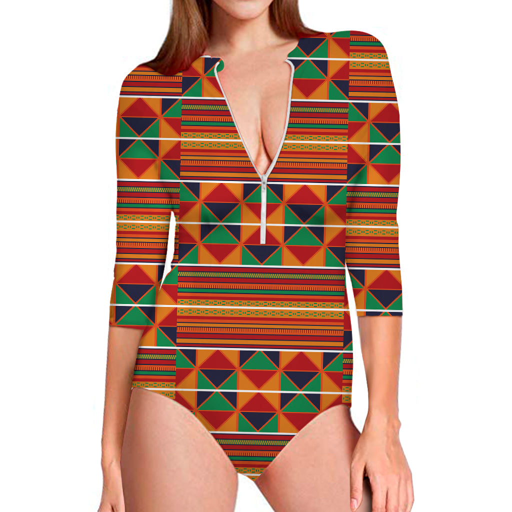 Kente Pattern Print Long Sleeve Swimsuit