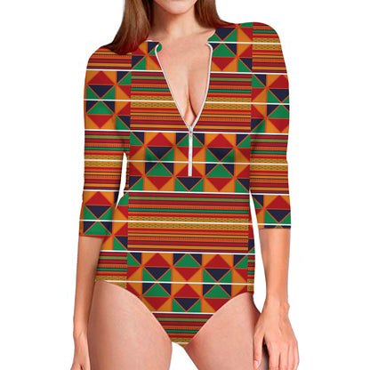 Kente Pattern Print Long Sleeve Swimsuit