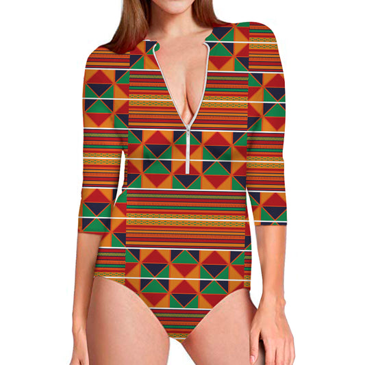 Kente Pattern Print Long Sleeve Swimsuit