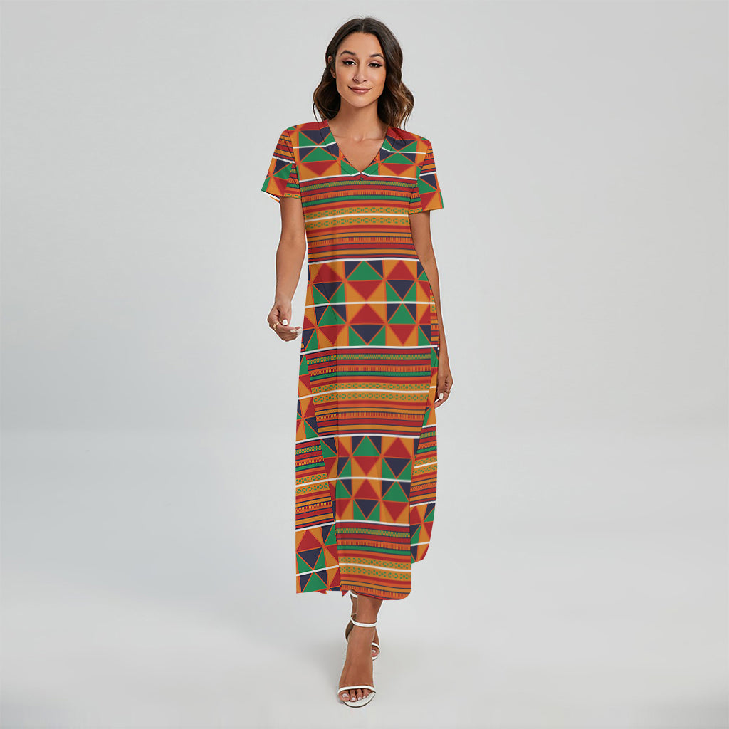 Kente Pattern Print Short Sleeve Maxi Dress