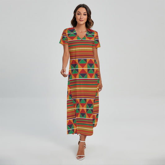Kente Pattern Print Short Sleeve Maxi Dress