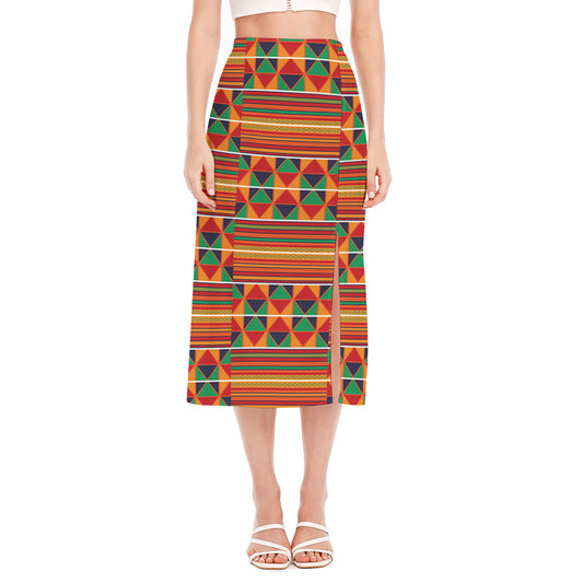 Kente Pattern Print Side Slit Midi Skirt
