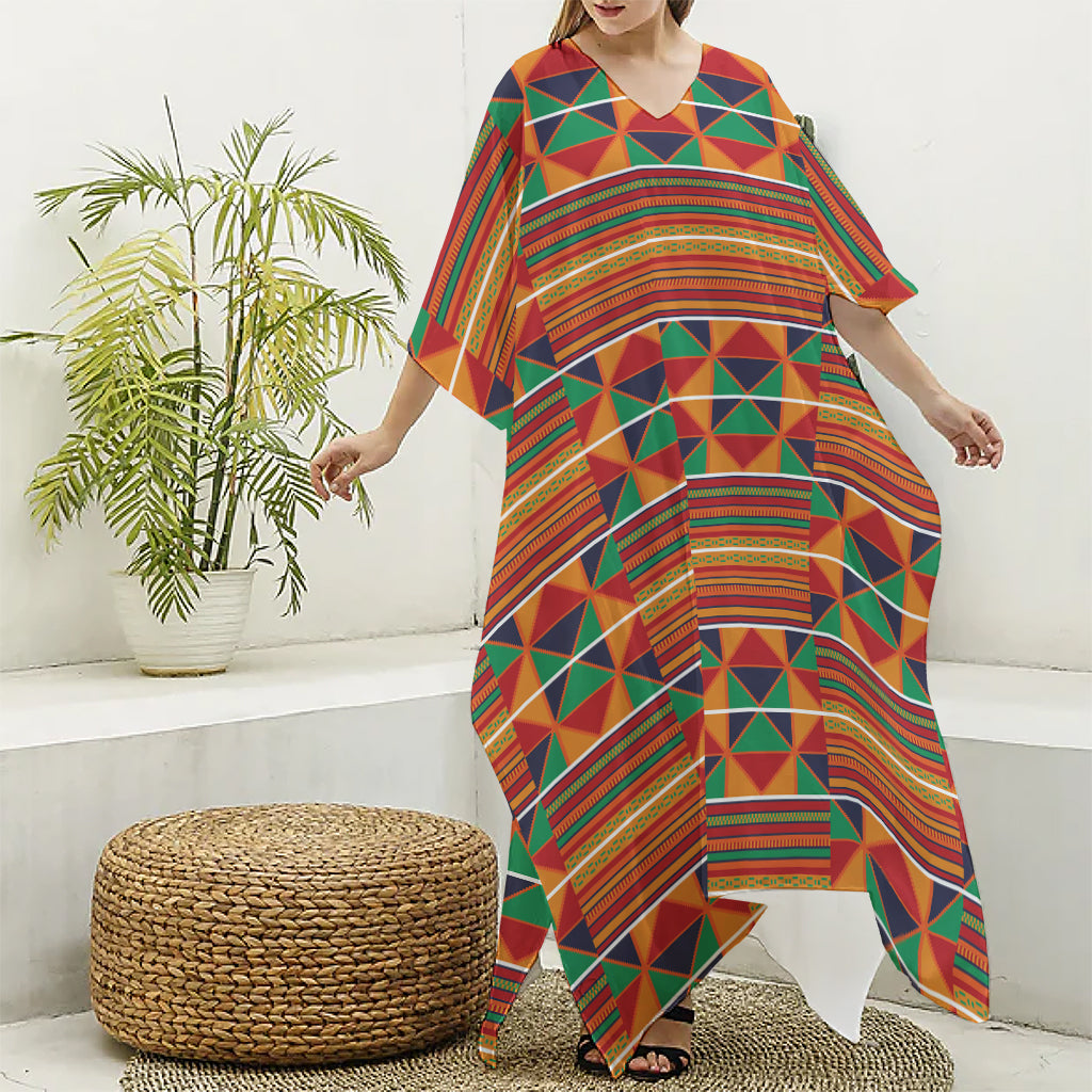 Kente Pattern Print Silk V-Neck Kaftan Dress