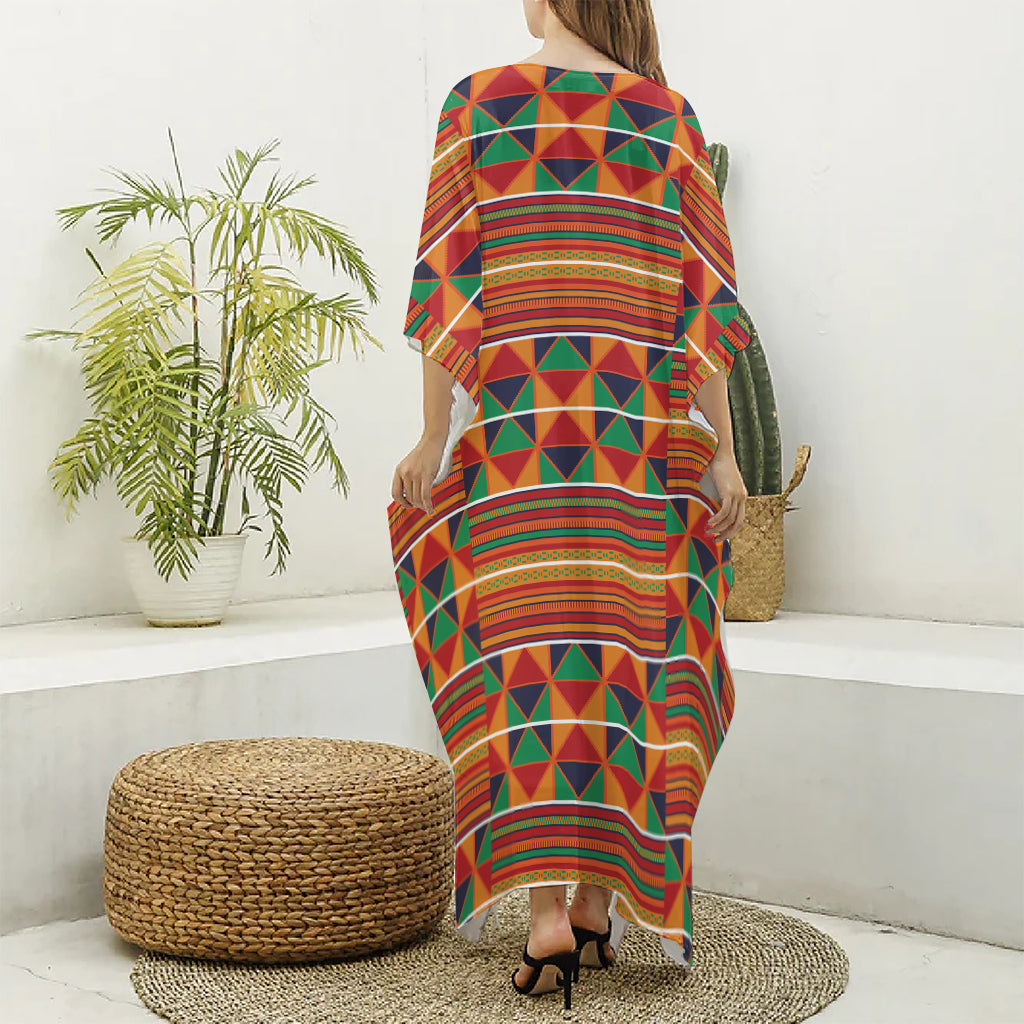 Kente Pattern Print Silk V-Neck Kaftan Dress