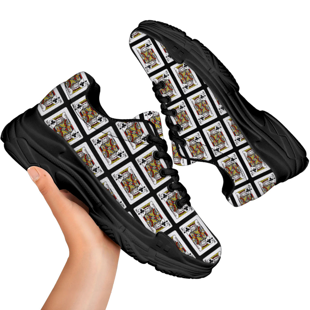 King Of Clubs Playing Card Pattern Print Black Chunky Shoes