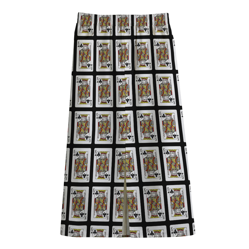 King Of Clubs Playing Card Pattern Print Cotton Front Slit Maxi Skirt