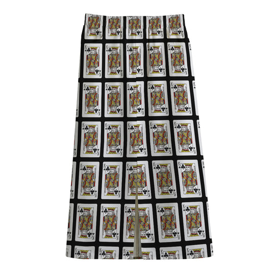 King Of Clubs Playing Card Pattern Print Cotton Front Slit Maxi Skirt