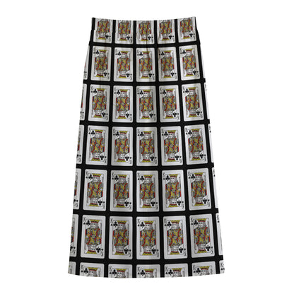 King Of Clubs Playing Card Pattern Print Cotton Front Slit Maxi Skirt