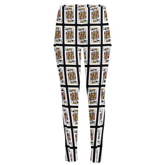King Of Clubs Playing Card Pattern Print High-Waisted Pocket Leggings