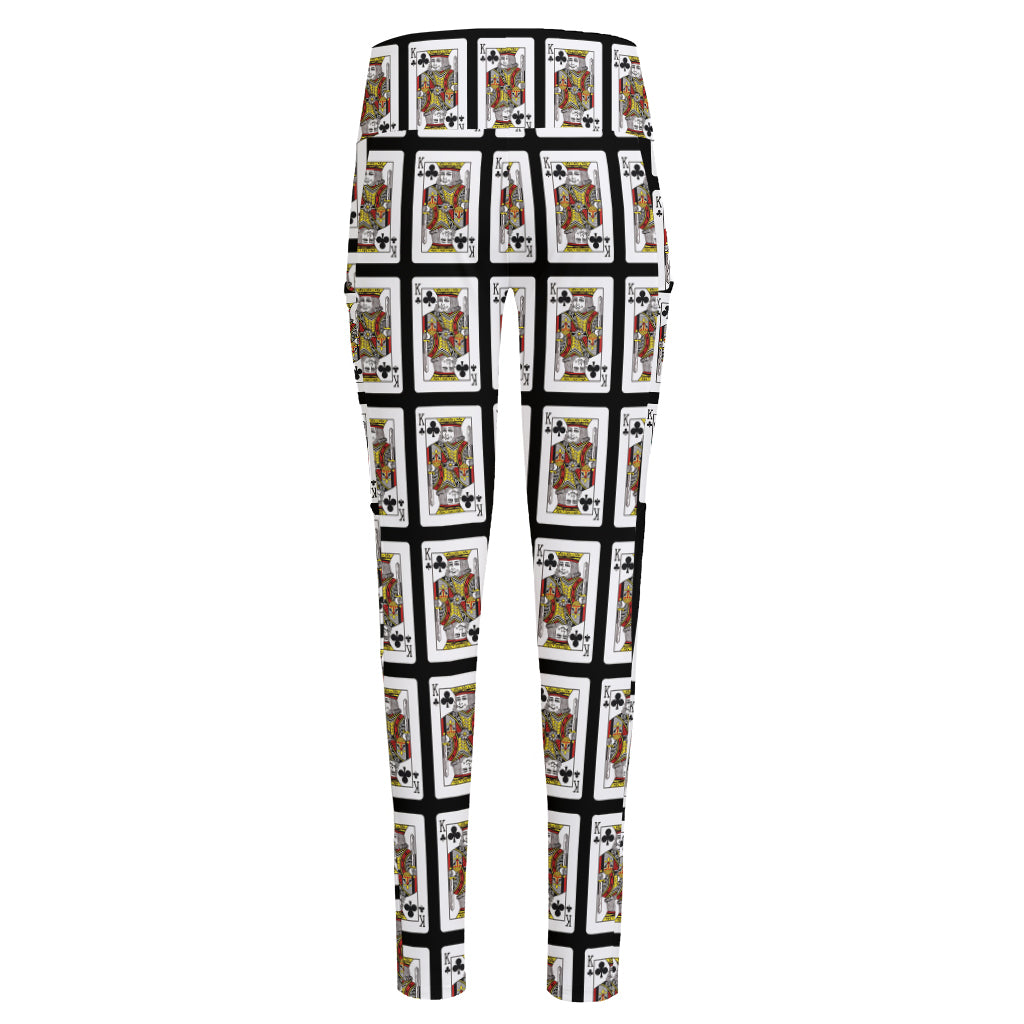 King Of Clubs Playing Card Pattern Print High-Waisted Pocket Leggings