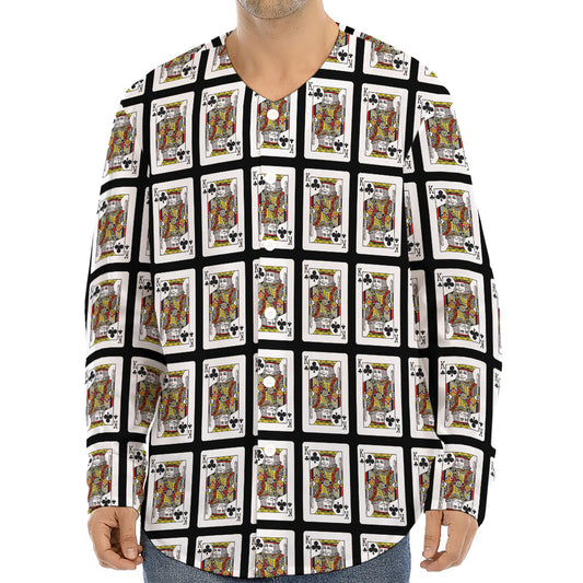 King Of Clubs Playing Card Pattern Print Long Sleeve Baseball Jersey