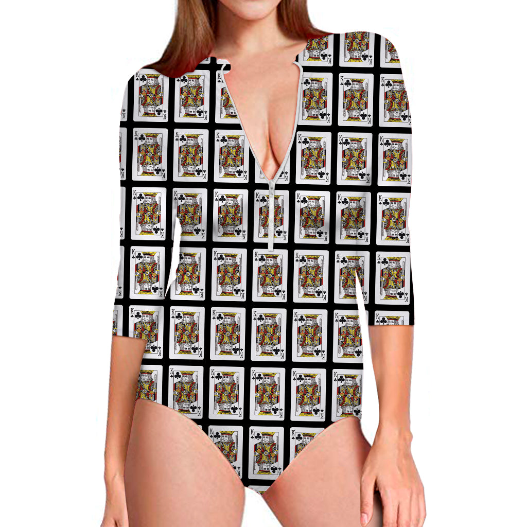 King Of Clubs Playing Card Pattern Print Long Sleeve Swimsuit