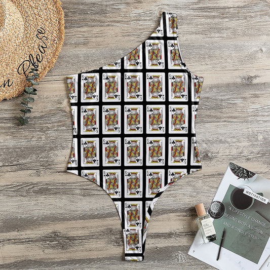 King Of Clubs Playing Card Pattern Print One Shoulder Bodysuit