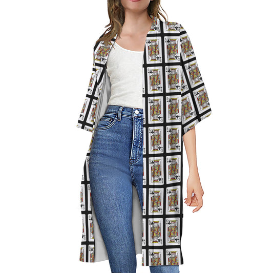 King Of Clubs Playing Card Pattern Print Open Front Beach Cover Up
