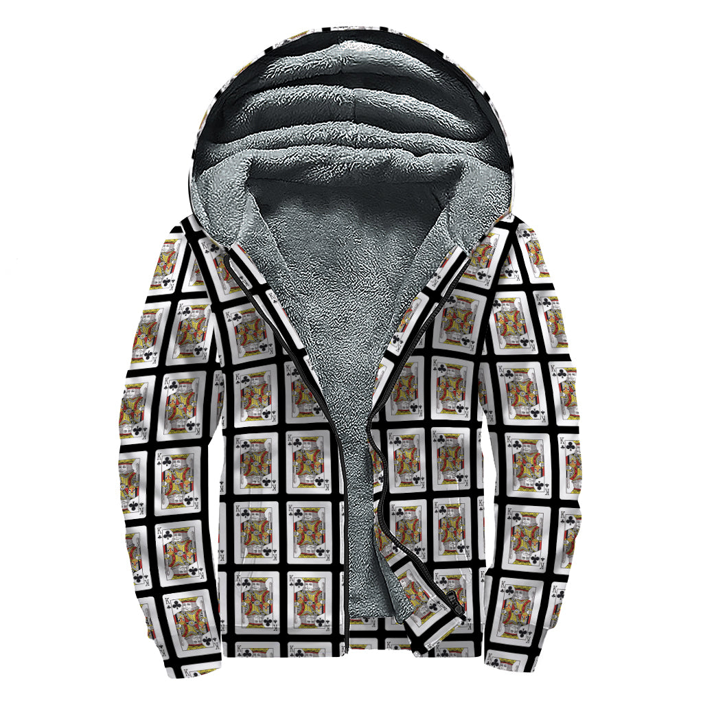 King Of Clubs Playing Card Pattern Print Sherpa Lined Zip Up Hoodie