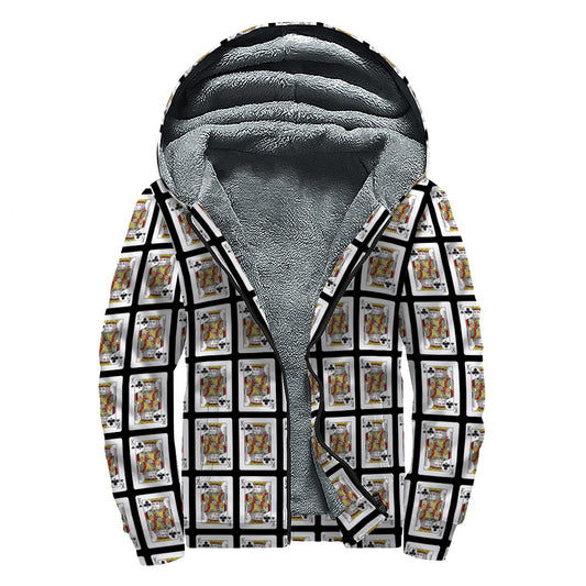 King Of Clubs Playing Card Pattern Print Sherpa Lined Zip Up Hoodie