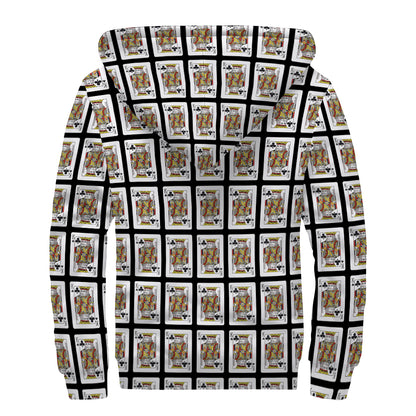 King Of Clubs Playing Card Pattern Print Sherpa Lined Zip Up Hoodie
