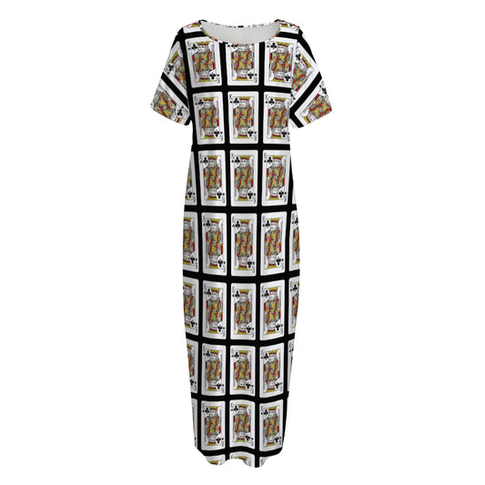 King Of Clubs Playing Card Pattern Print Short Sleeve Long Nightdress