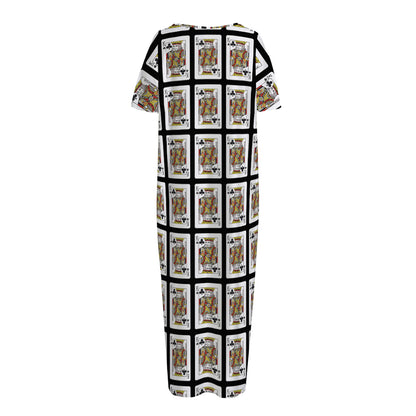 King Of Clubs Playing Card Pattern Print Short Sleeve Long Nightdress