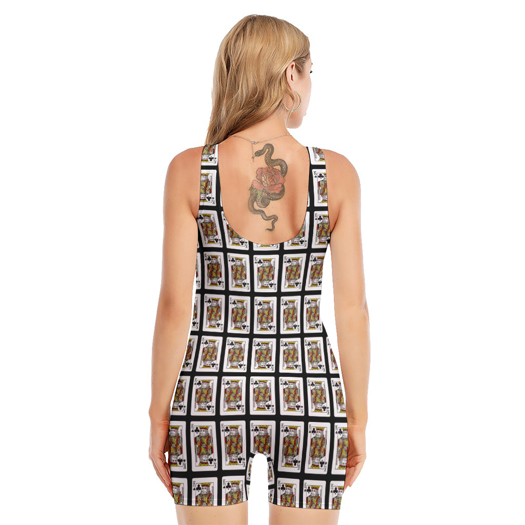 King Of Clubs Playing Card Pattern Print Sleeveless One Piece Swimsuit