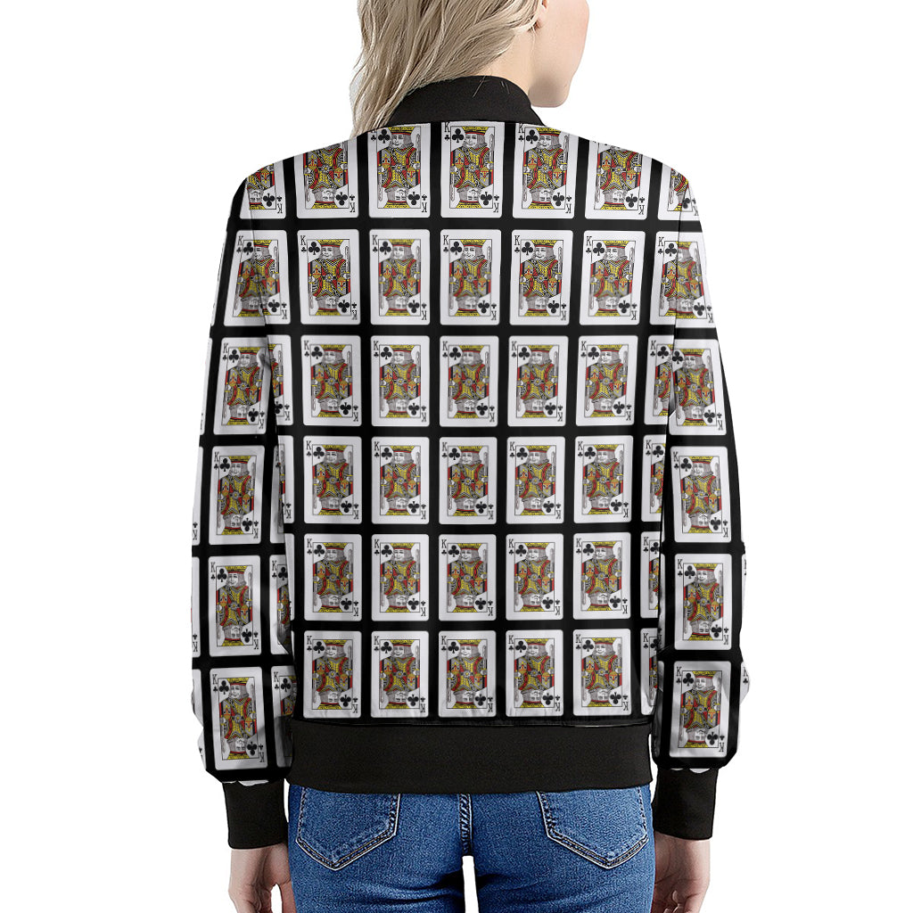 King Of Clubs Playing Card Pattern Print Women's Bomber Jacket