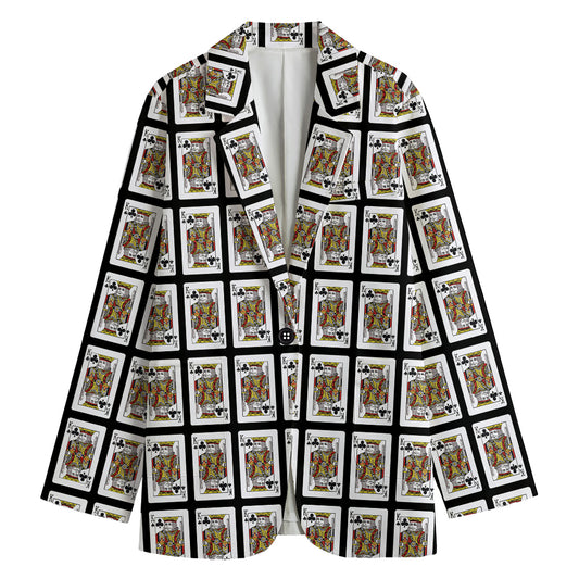 King Of Clubs Playing Card Pattern Print Women's Cotton Blazer