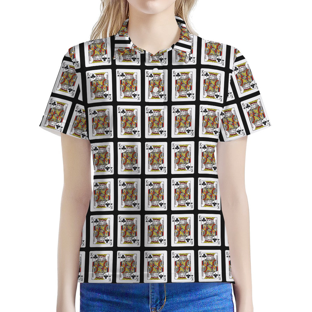King Of Clubs Playing Card Pattern Print Women's Polo Shirt
