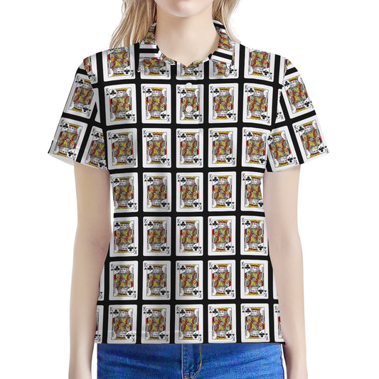 King Of Clubs Playing Card Pattern Print Women's Polo Shirt