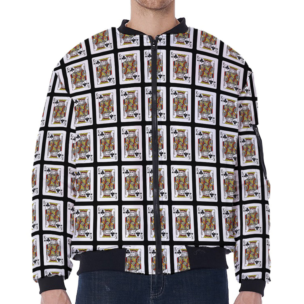 King Of Clubs Playing Card Pattern Print Zip Sleeve Bomber Jacket