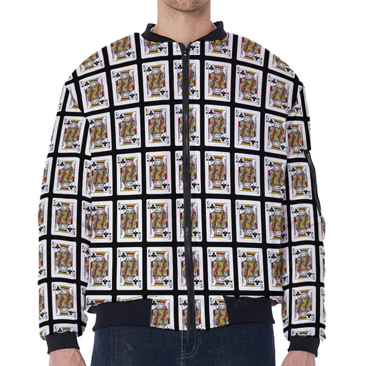 King Of Clubs Playing Card Pattern Print Zip Sleeve Bomber Jacket