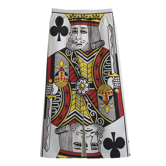 King Of Clubs Playing Card Print Cotton Front Slit Maxi Skirt