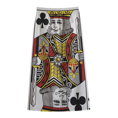 King Of Clubs Playing Card Print Cotton Front Slit Maxi Skirt