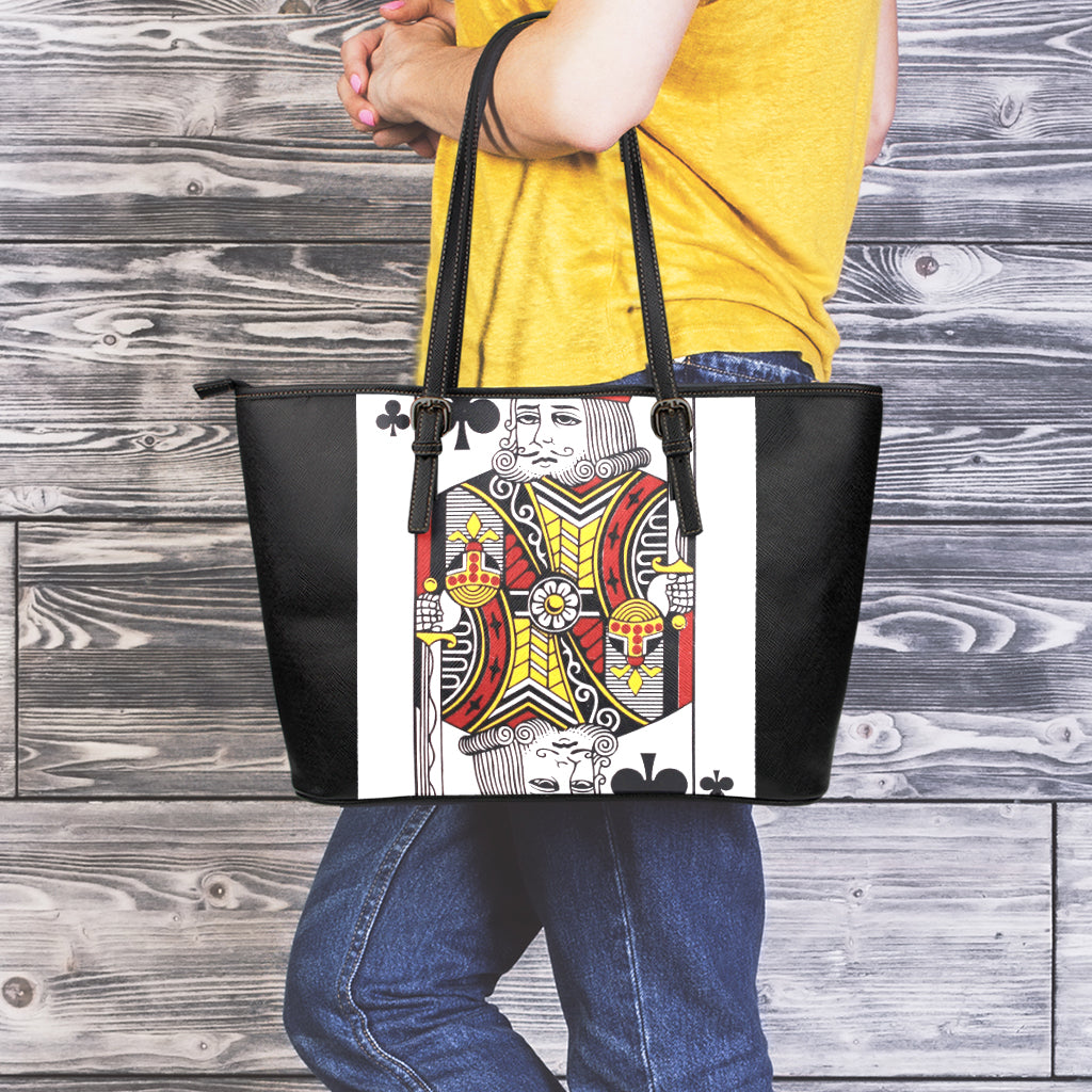 King Of Clubs Playing Card Print Leather Tote Bag