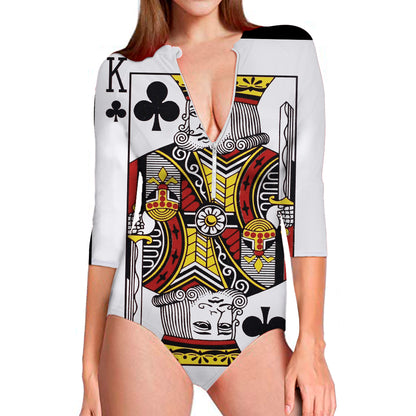 King Of Clubs Playing Card Print Long Sleeve Swimsuit