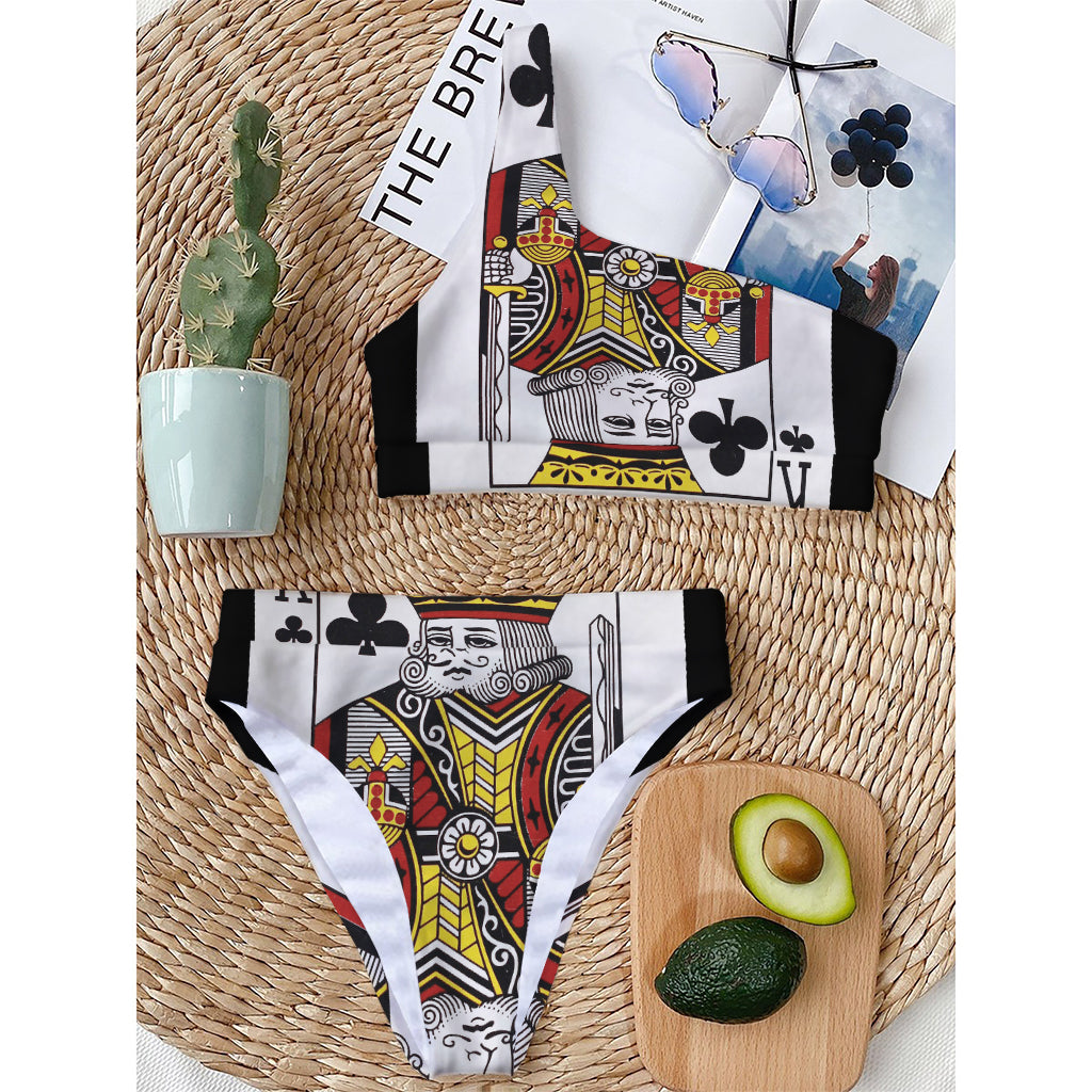 King Of Clubs Playing Card Print One Shoulder Bikini Top
