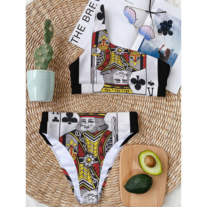King Of Clubs Playing Card Print One Shoulder Bikini Top