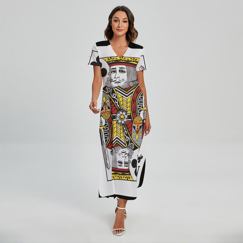 King Of Clubs Playing Card Print Short Sleeve Maxi Dress