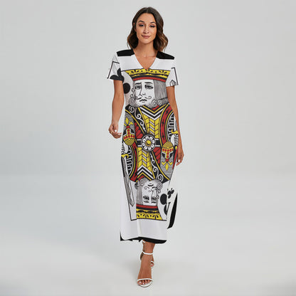 King Of Clubs Playing Card Print Short Sleeve Maxi Dress