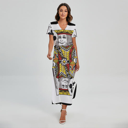King Of Clubs Playing Card Print Short Sleeve Maxi Dress