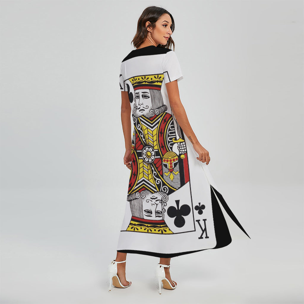 King Of Clubs Playing Card Print Short Sleeve Maxi Dress