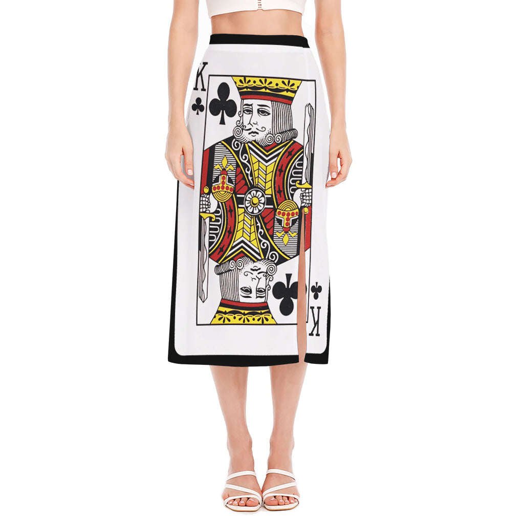 King Of Clubs Playing Card Print Side Slit Midi Skirt