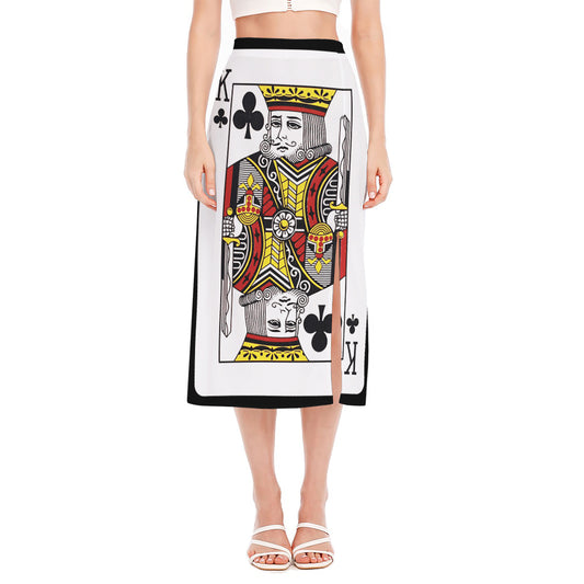 King Of Clubs Playing Card Print Side Slit Midi Skirt