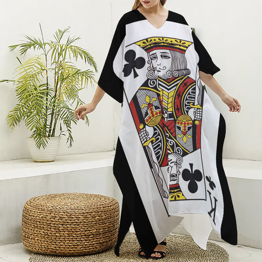 King Of Clubs Playing Card Print Silk V-Neck Kaftan Dress