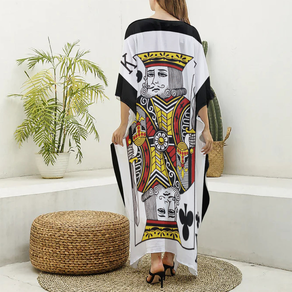 King Of Clubs Playing Card Print Silk V-Neck Kaftan Dress